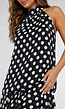 Zwarte Polkadot Halterjurk met Volant en Open Rug