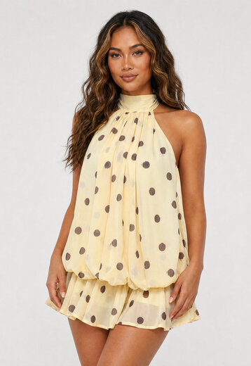 Gele Halter Jurk met Bruine Stippen