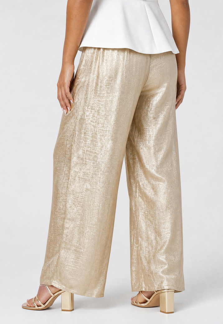 Gouden Wide Leg Broek met Plooien en Stretch Taille