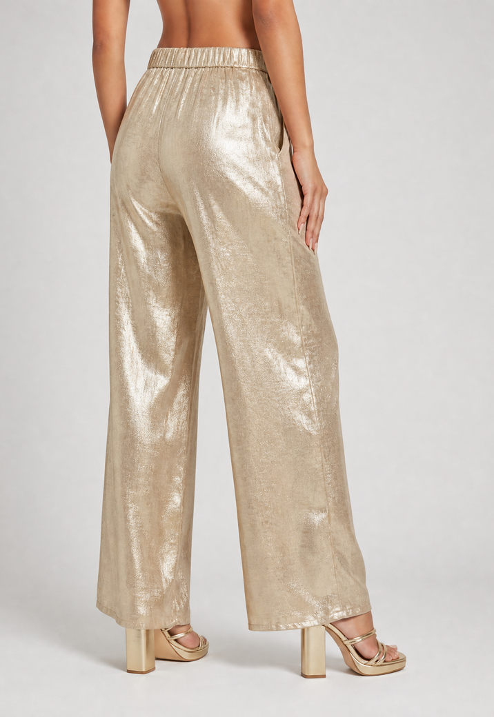 Gouden Wide Leg Broek met Plooien en Stretch Taille