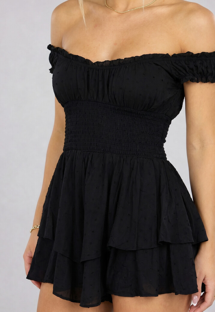 Zwarte Layered Polkadot Off Shoulder Playsuit