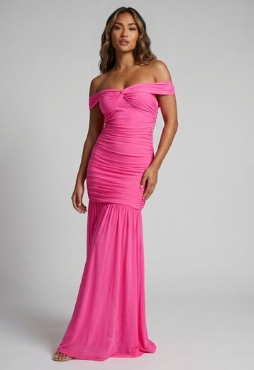 Roze Off Shoulder Maxi Jurk met Mesh