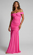 Roze Off Shoulder Maxi Jurk met Geplooide Mesh en Split