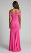 Roze Off Shoulder Maxi Jurk met Geplooide Mesh en Split
