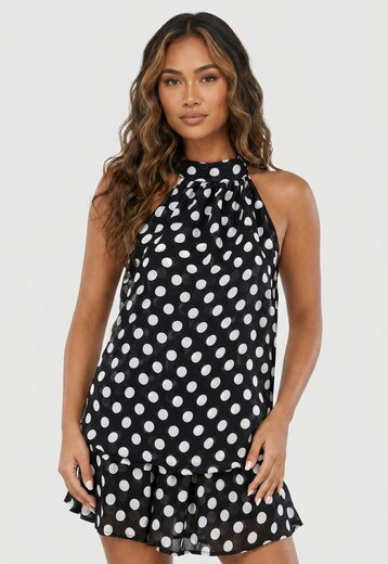 Zwarte Polkadot Halterjurk met Volant
