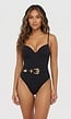 Zwart push-up beugel badpak met gouden riem en textuur