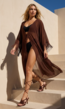 Bruine Kimono met Halflange Mouwen en Franjes