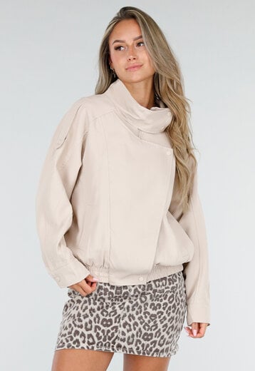 Beige Bikerjack met Opstaande Kraag