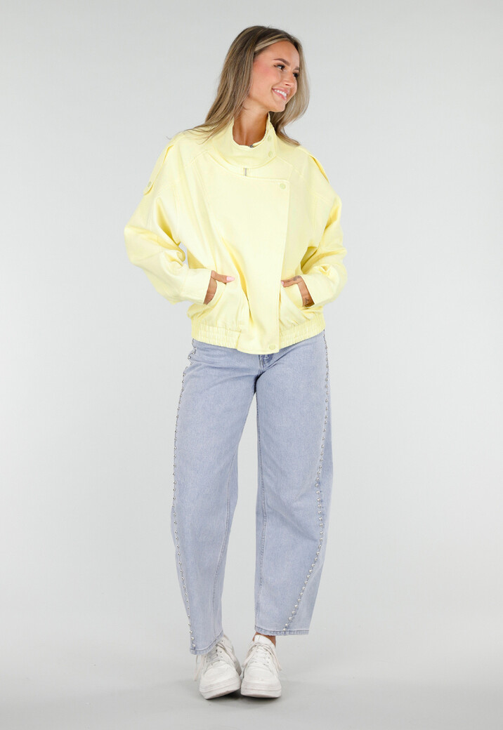 Butter Yellow Bikerjack met Opstaande Kraag en Ritssluiting