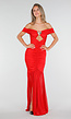 Rode Off Shoulder Maxi Jurk met Ruches en Mesh Details