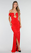 Rode Off Shoulder Maxi Jurk met Ruches en Mesh Details