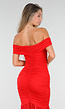 Rode Off Shoulder Maxi Jurk met Ruches en Mesh Details