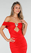 Rode Off Shoulder Maxi Jurk met Ruches en Mesh Details