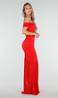 Rode Off Shoulder Maxi Jurk met Ruches en Mesh Details
