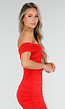 Rode Off Shoulder Maxi Jurk met Ruches en Mesh Details