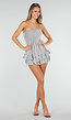 Wit Zwart Gestreepte Strapless Playsuit met Smokwerk en Ruches