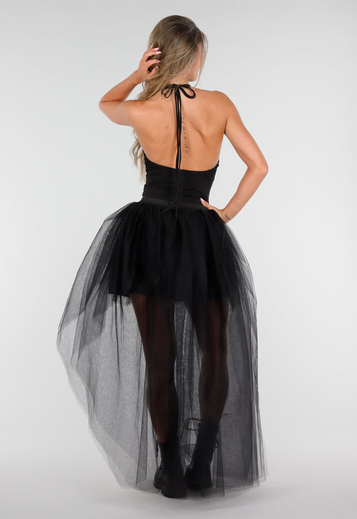 Zwarte Mesh High Low Rok met Tule Lagen