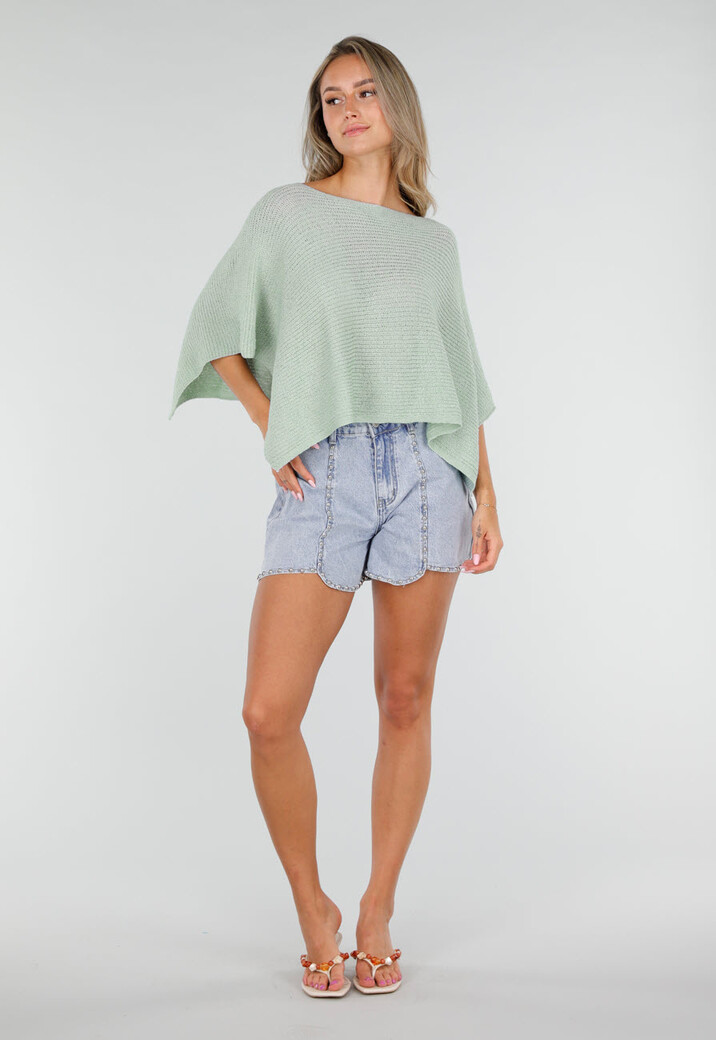 Mintgroene Gebreide Poncho Trui met Wijde Pasvorm