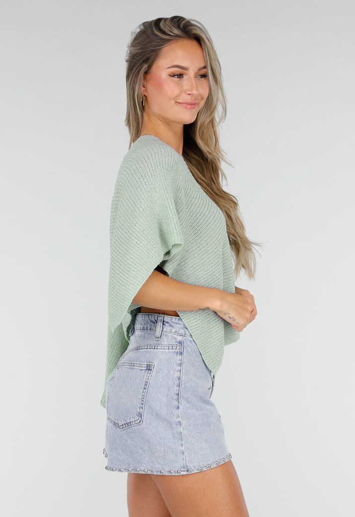 Mintgroene Gebreide Poncho Trui met Wijde Pasvorm