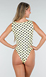 Butter Yellow Stretch Body met Zwarte Polkadots en Vierkante Hals