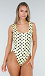 Butter Yellow Stretch Body met Zwarte Polkadots en Vierkante Hals