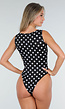 Zwarte Stretch Body met Grijze Polkadots en Vierkante Hals