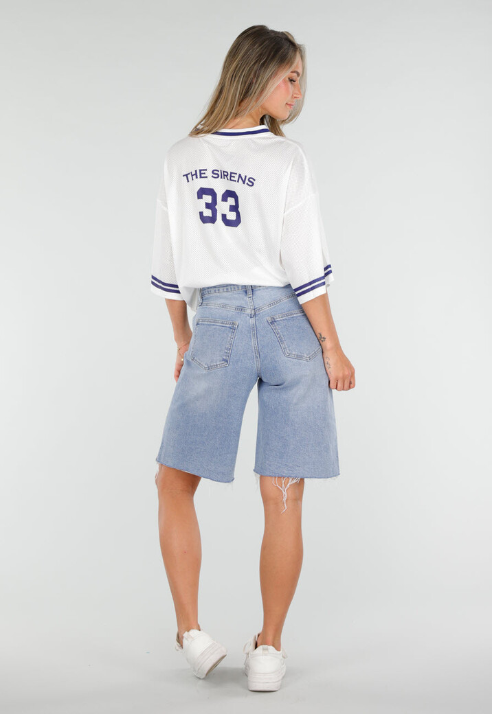 Witte Mesh Oversized Jersey T-Shirt met V-Hals