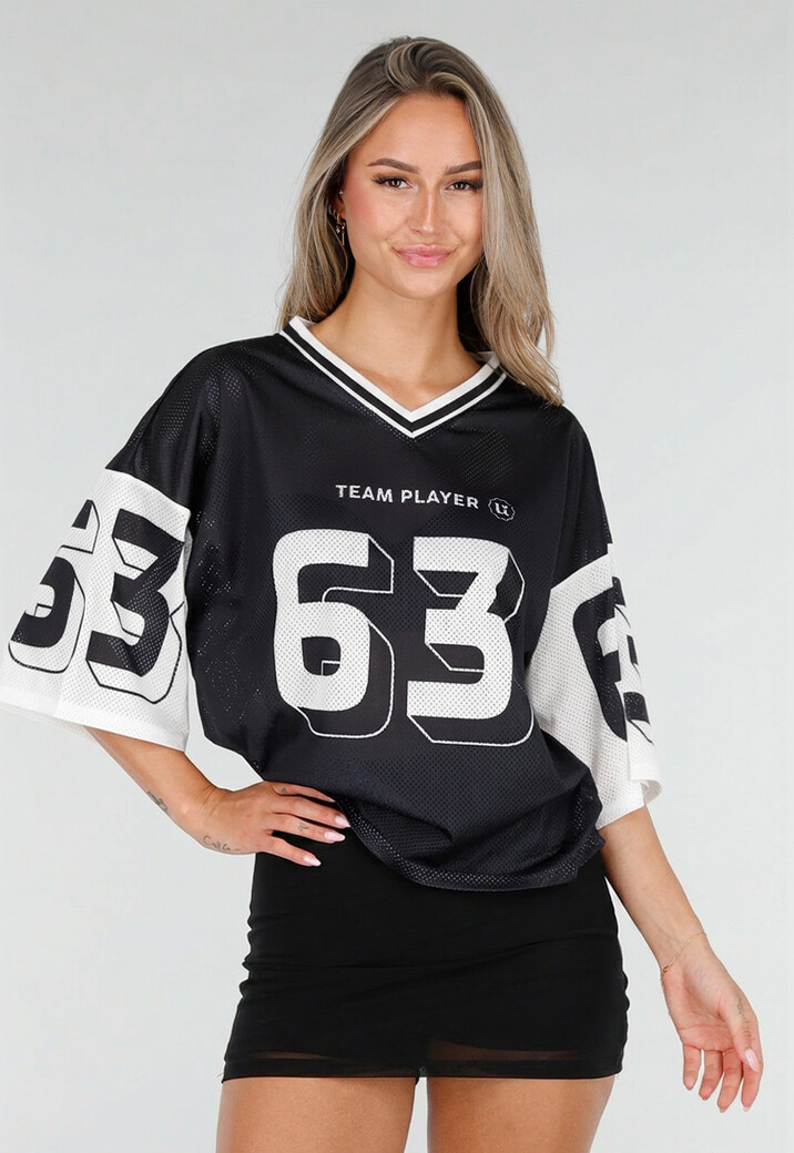 Zwarte Mesh Oversized Stretch Jersey T-Shirt met V-Hals