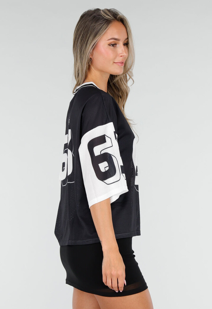 Zwarte Mesh Oversized Stretch Jersey T-Shirt met V-Hals
