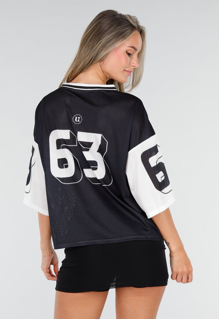 Zwarte Mesh Oversized Stretch Jersey T-Shirt met V-Hals