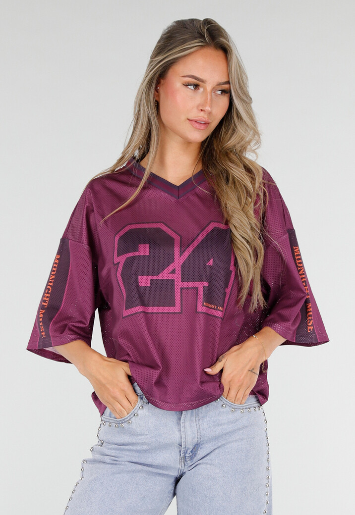 Paarse Stretch Mesh Oversized Jersey T-Shirt met V-Hals