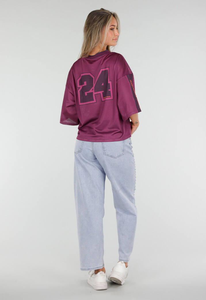 Paarse Stretch Mesh Oversized Jersey T-Shirt met V-Hals