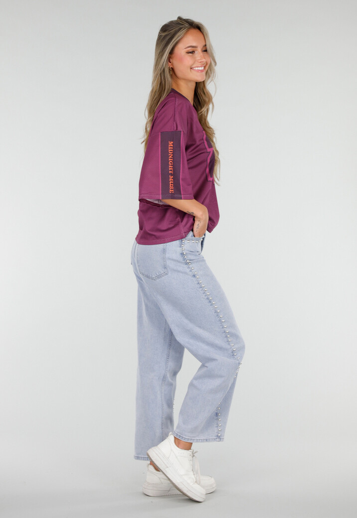 Paarse Stretch Mesh Oversized Jersey T-Shirt met V-Hals