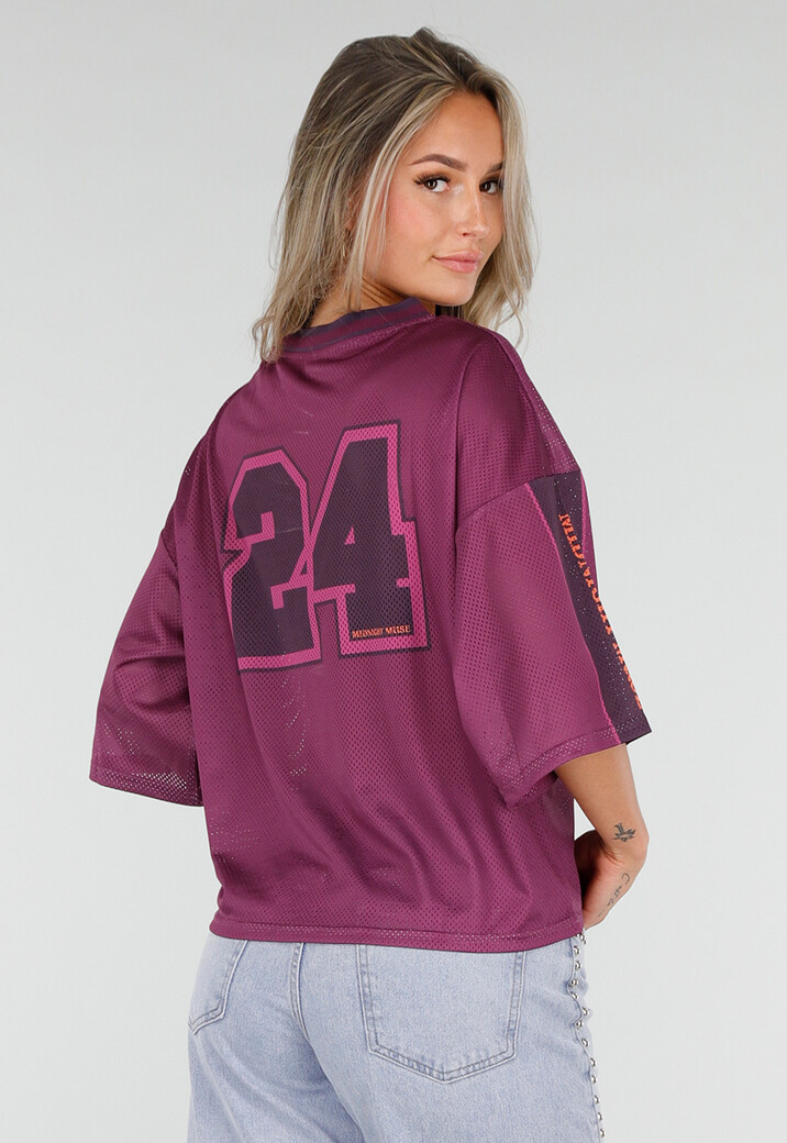 Paarse Stretch Mesh Oversized Jersey T-Shirt met V-Hals