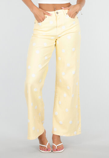 Lichtgele Wide Leg Jeans met Polkadot