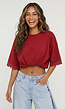 Rood Oversized T-Shirt met Kantmouwen en Borduring