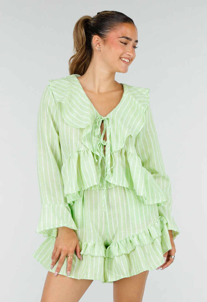 Lichtgroene Gestreepte Two Piece Set met Blouse en Rucheshort