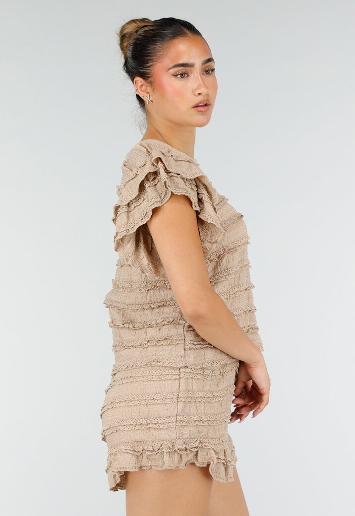 Beige Gehaakte Co-ord Set met Ruffle Mouwen