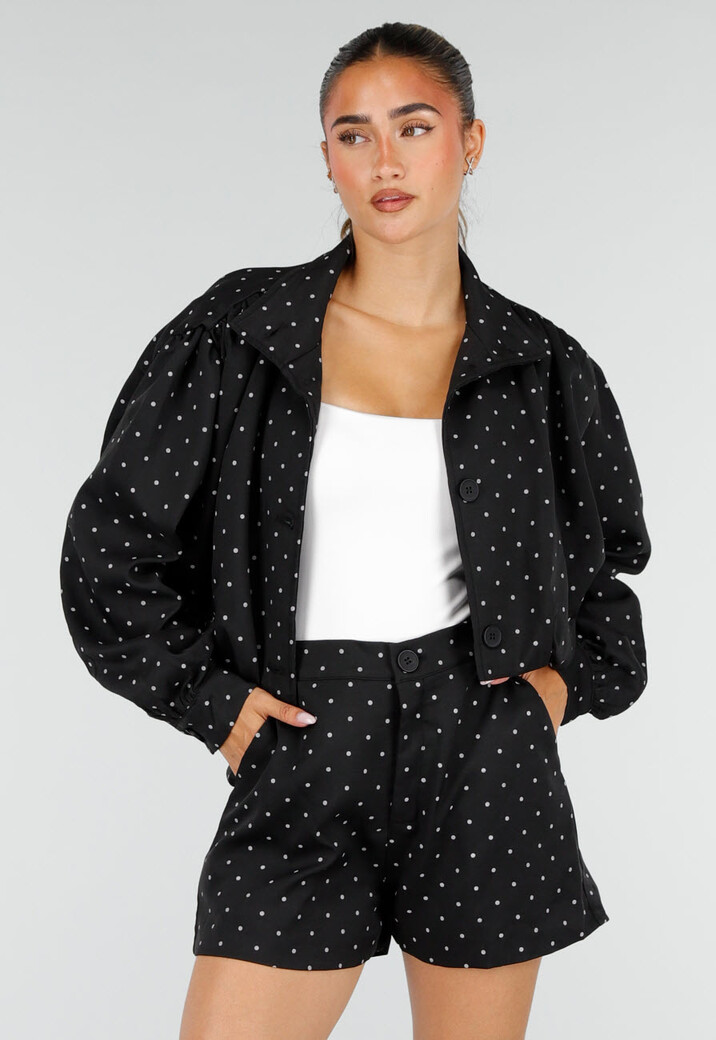 Zwarte Two Piece Set met Witte Stippen en Kraag