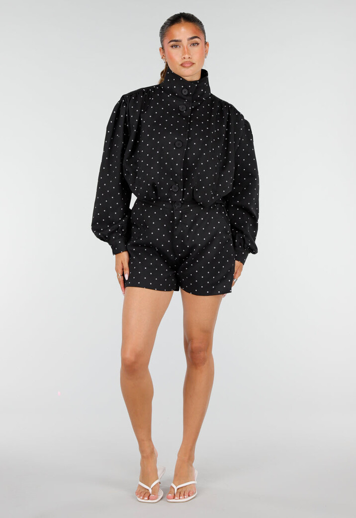 Zwarte Two Piece Set met Witte Stippen en Kraag