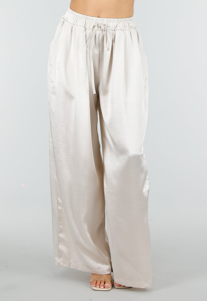 Champagne Wide Leg Broek met Satijnlook en Elastische Taille