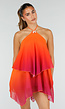 Oranje Roze Halter Jurk met Colourblock en Open Rug