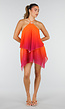 Oranje Roze Halter Jurk met Colourblock en Open Rug
