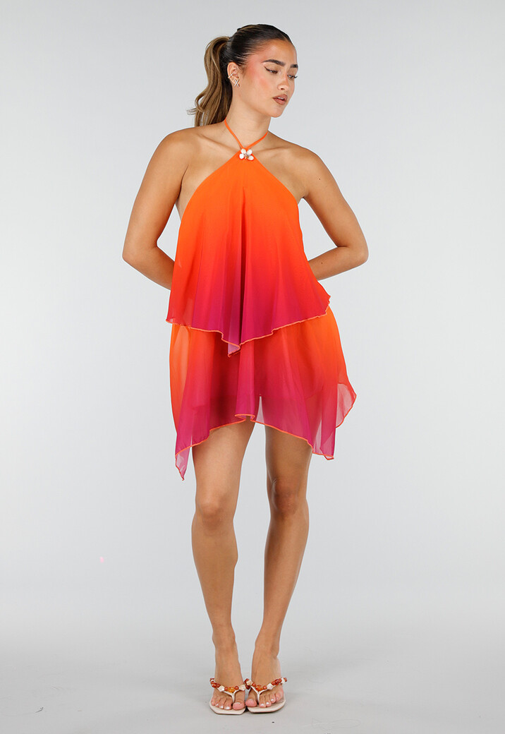 Oranje Roze Halter Jurk met Colourblock en Open Rug