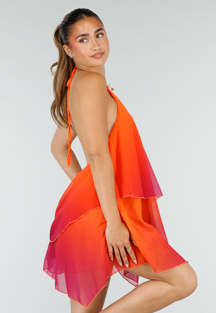 Oranje Roze Halter Jurk met Colourblock en Open Rug