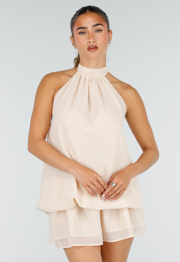 Beige Halter Mini Jurk met Open Rug