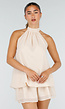 Beige Halter Mini Jurk met Open Rug en Striksluiting