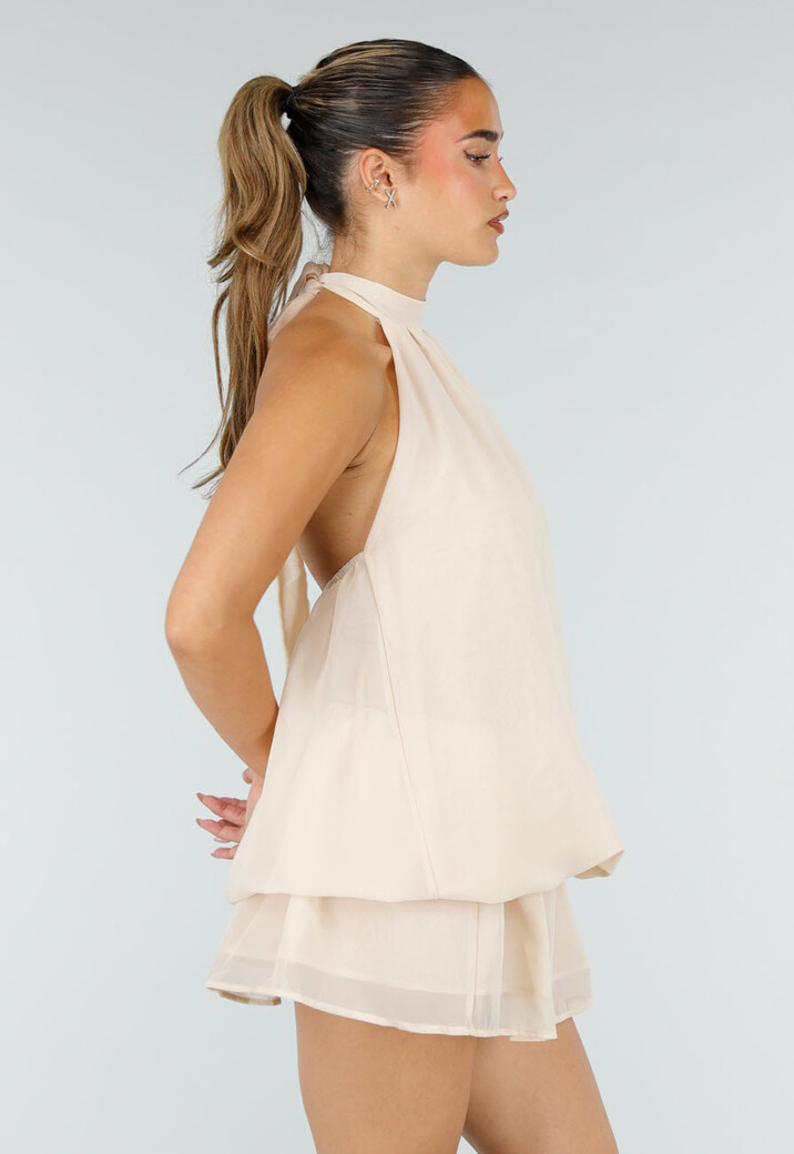 Beige Halter Mini Jurk met Open Rug en Striksluiting