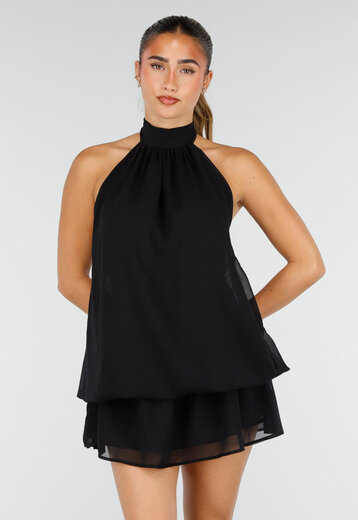 Zwarte Halter Mini Jurk met Open Rug