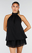 Zwarte Halter Mini Jurk met Open Rug en Chiffon Laag